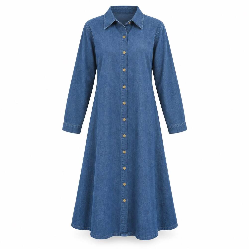 The Vermont Country Store Women’s L Blue Cotton Denim Button Front Shirt Dress